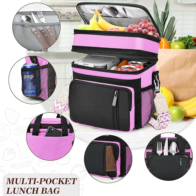 LOKASS Lunch Box for Women/Men-16L-Insulated Lunch Bag, Expandable Double-layer Leakproof Cooler Bag with Upgrade Adjustable Shoulder Strap Ideal for Work/Travel/Picnics（Pink&Black）