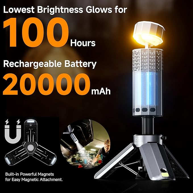 Rechargeable 20000mAh Camping Light, Telescopic Camping Lights, Collapsible Magnetic Camping Lantern with Stand IPX6 Waterproof Flashlights, Camping Lamp for Emergency, Hiking