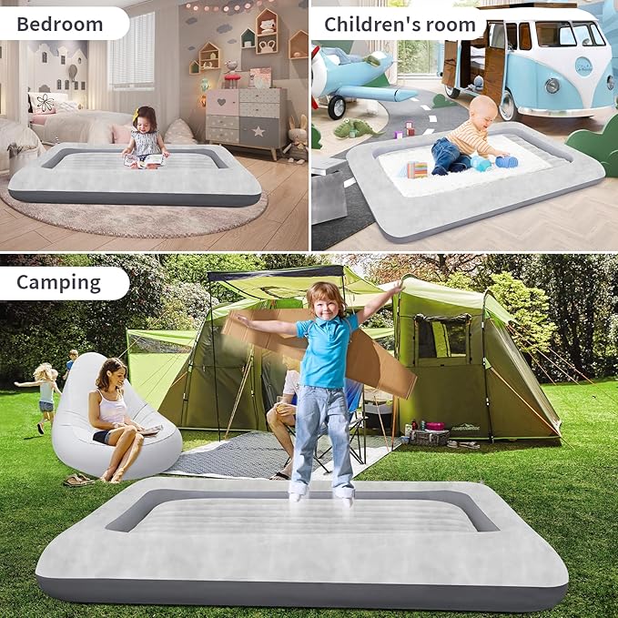Air Mattress for Kids：Portable Fast Kid air Mattress, Portable Toddler Inflatable Travel Bed, Surface with Plush Smooth Comfortable Ideal for Living Room, Room and Outdoor Camping use（Gray）