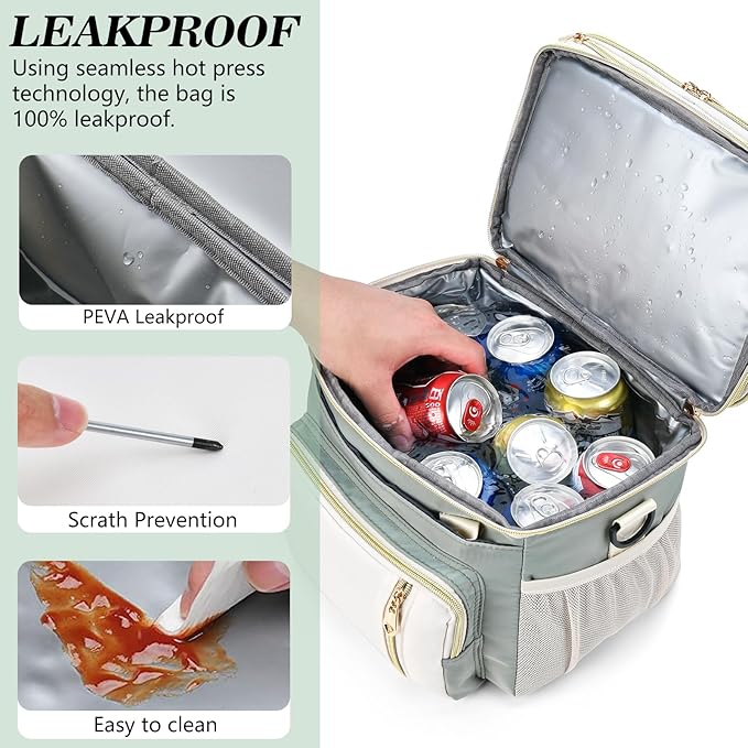 LOKASS Lunch Box for Women-16L-Insulated Lunch Bag Women, Expandable Double-layer Leakproof Cooler Bag with Upgrade Adjustable Shoulder Strap Ideal for Work/Travel/Picnics（Olive Green）