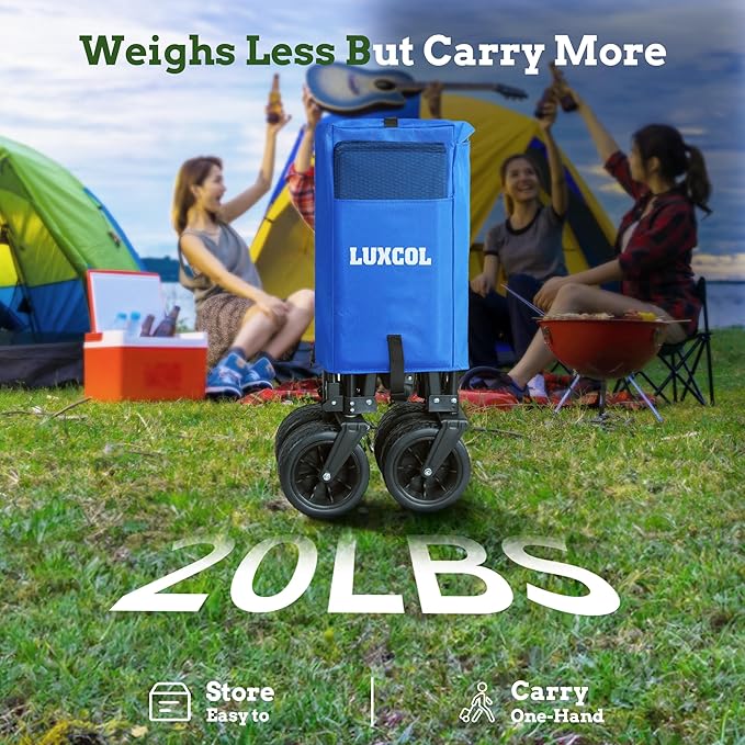 LUXCOL Collapsible Folding Wagon, Heavy Duty Utility Beach Wagon Cart for Sand with Big Wheels, Adjustable Handle&Drink Holders for Shopping, Camping,Garden and Outdoor