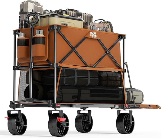 TIMBER RIDGE 400L Large Capacity Folding Double Decker Wagon with Brakes, 54" Extra Long Extender Wagon Cart, 450lbs Heavy Duty Collapsible Cart, All-Terrain Big Wheels for Camping, Sports, Shopping