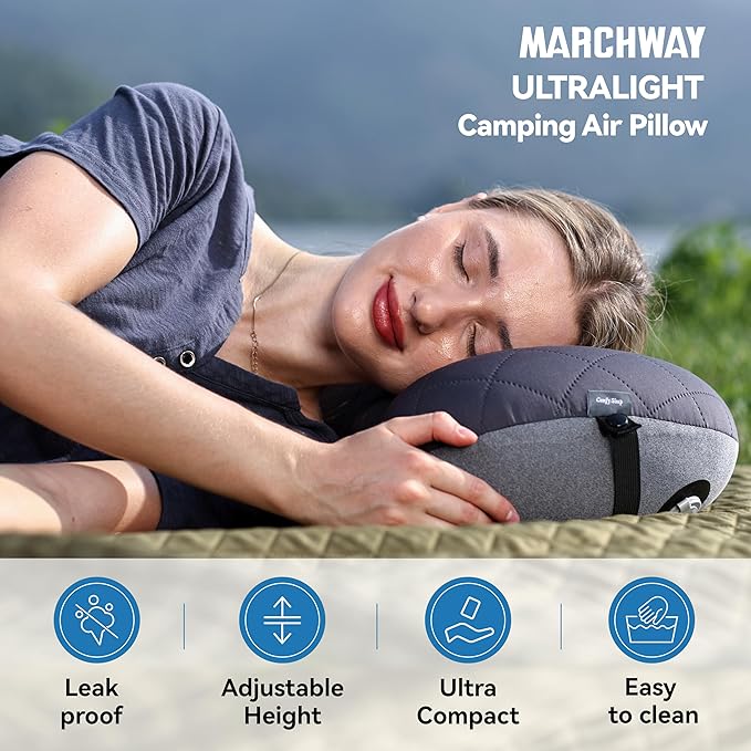MARCHWAY Ultralight Inflatable Camping Pillow with Soft Washable Cover, Compact Compressible Portable Travel Air Pillow for Outdoor Camp, Sport, Hiking, Backpacking Sleep (Grey)