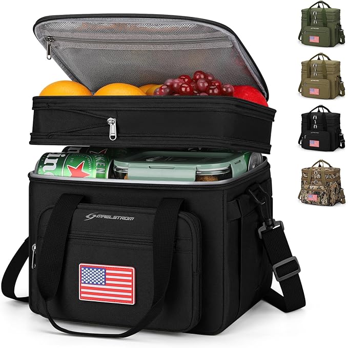 Maelstrom Tactical Lunch Box for Men, 23L Insulated Lunch Bag, Expandable Double Deck Cooler Bag, Lightweight Leakproof Tote Bag With Side Tissue Pocket, Suit For Men and Women, Black