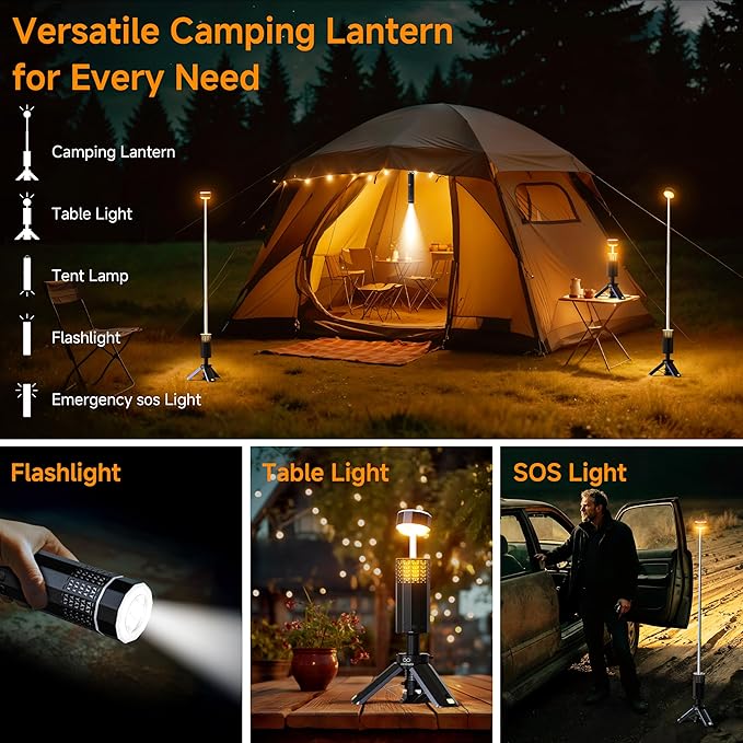 Rechargeable 20000mAh Camping Light, Telescopic Camping Lights, Collapsible Magnetic Camping Lantern with Stand IPX6 Waterproof Flashlights, Camping Lamp for Emergency, Hiking (Black)