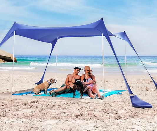 SUN NINJA Beach Tent Sun Shelter, UPF50+ Protection, Easy Pop Up Beach Shade Canopy for Camping, Fishing, Backyard Fun, Lightweight & Portable, Fits Up to 8 People, 10x10 FT 4 Pole, Royal Blue