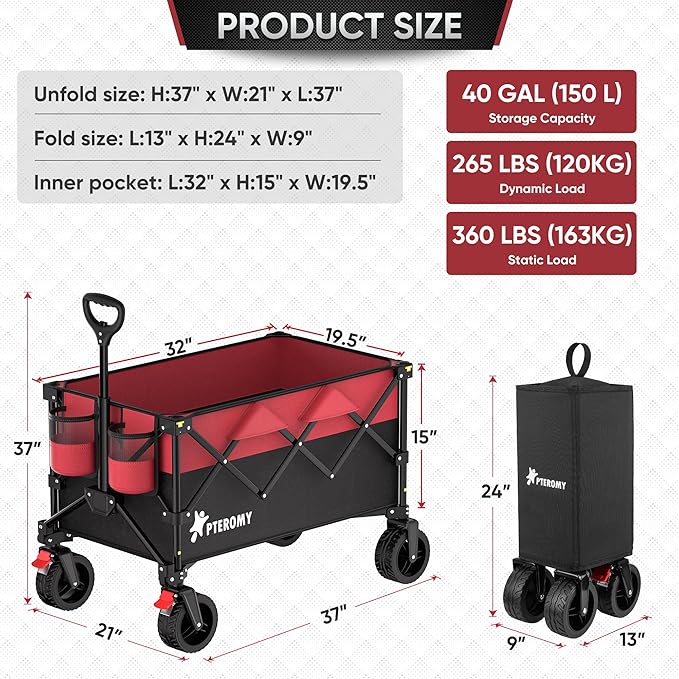 PTEROMY 150L Collapsible Wagon Cart Foldable, 360lbs Load Bearing Beach Cart Foldable Wagon for Shopping, Camping, Garden, Grocery, Outdoor (Black+Red)