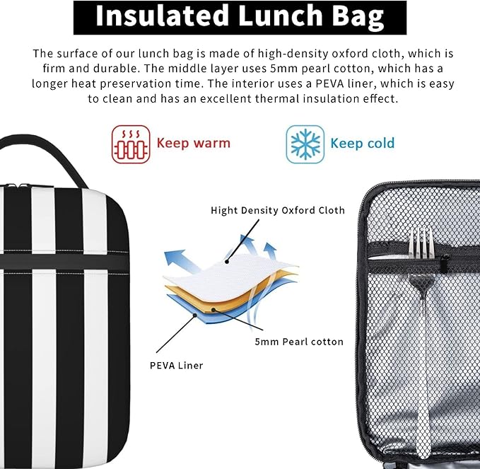Black and White Stripe Lunch Box Reusable Insulated Totes Lunch Bag Thermal Cooler For Boy Girls School Men Women Beach Picnic Travel