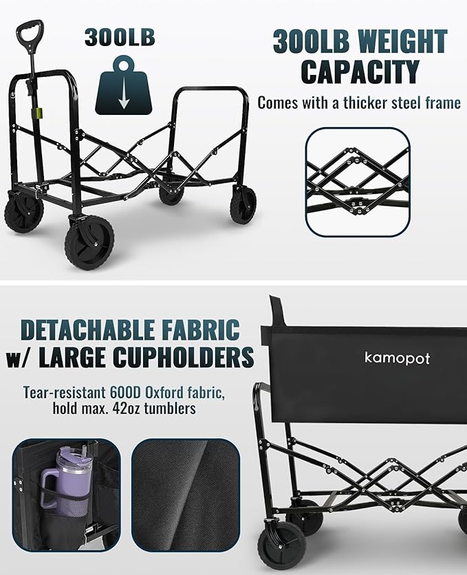 Large Collapsible Wagon Foldable for Grocery, Beach, Park, Yard, 34 x 18 Inch Inner Storage. 300lb Heavy Duty w/Cupholders & 1x 40oz Tumbler Included
