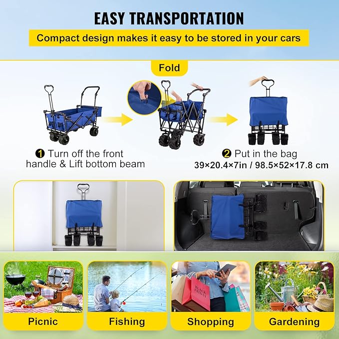 Happbuy Collapsible Wagon with Removable Canopy, 220lbs Heavy Duty Foldable Beach Wagon with Big Wheels