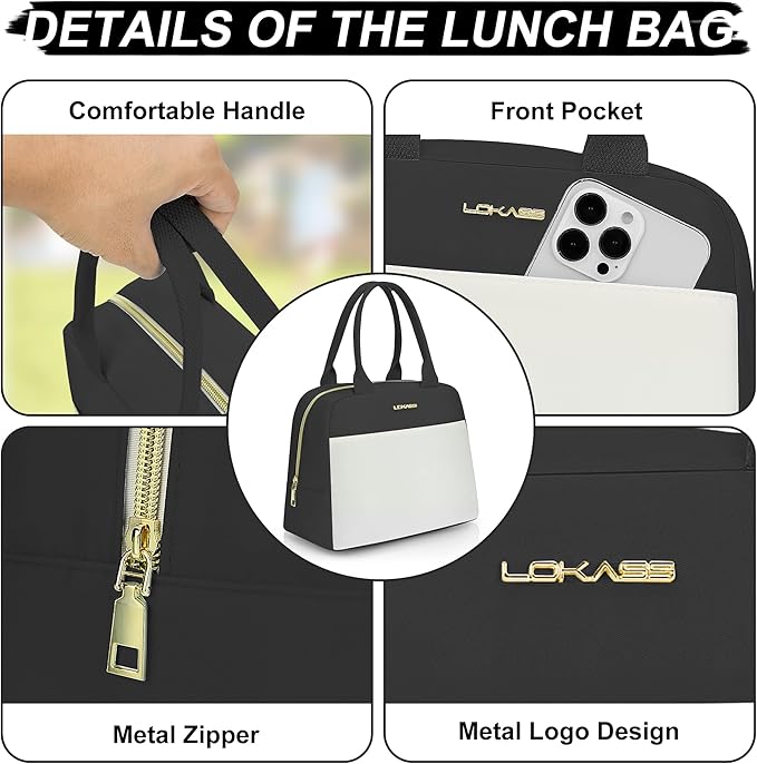 LOKASS Lunch Bag for Women-Insulated Adults Lunch Box with Front Pocket- Small Cute Lunch Tote for Work-Reusable Cooler Bag for Office Picnic Beach or Travel（Black）
