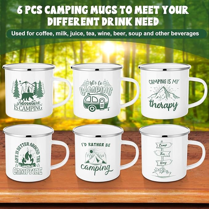 Pickmesh 6 Pcs Camping Mugs Enamel Cups 12oz Coffee Cups with Handle Camping Gifts for Outdoor Hiking Backpacking Lovers(Elegant Style)