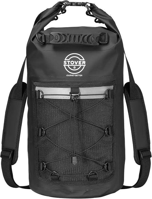 STOVER 5/10/25/30/40/55L Waterproof Dry Backpack- Medium Floating Dry Bag for Kayaking, Travel, Tubing, Hiking, Fishing, Camping, Motorcycles & Beach, Heavy-Duty Roll Top Men/Women (Black)