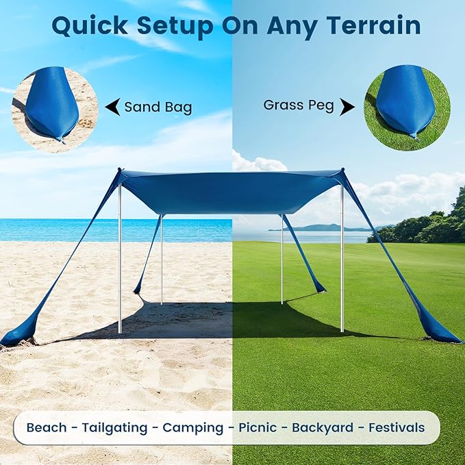 Beach Tent Sun Shelter - 10 x 10 Ft Beach Canopy UPF50+ UV Protection with Sandbags, Poles, Grond Pegs and Anti-Wind Ropes for Camping, Backyard, Picnics and Fishing