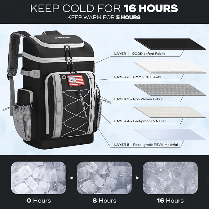 Maelstrom Backpack Cooler,Soft Lightweight Leakproof Cooler Backpack,50 Can Insulated Cooler Bag,Keeps 50 Cans Hot/Cold for Up to 16 Hours,Waterproof Lunch Bag for Men Women-Black