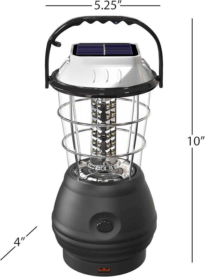 Dynamo Hand Crank Solar Powered Lantern - Battery-Operated or Rechargeable LED Light with Adjustable Settings for Camping by Whetstone (Black)