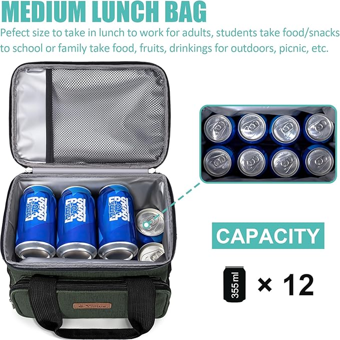 Tiblue Insulated Reusable Lunch Box for Office Work School Picnic Beach, Leakproof Freezable Cooler Bag with Adjustable Shoulder Strap (Medium, Dark green)