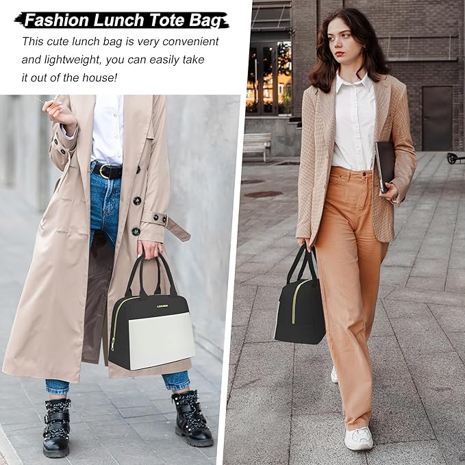 LOKASS Lunch Bag for Women-Insulated Adults Lunch Box with Front Pocket- Small Cute Lunch Tote for Work-Reusable Cooler Bag for Office Picnic Beach or Travel（Black）