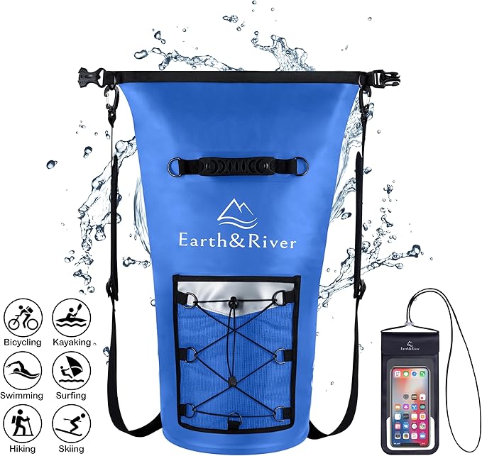 EARTH&RIVER Premium Dry Bag Backpack, Extra Thick, Protection for All Water Activities & Camping, Floating Lightweight Dry Bag with Inside Pocket Storage & IPX8 Waterproof Phone Case (Navy Blue, 40L)