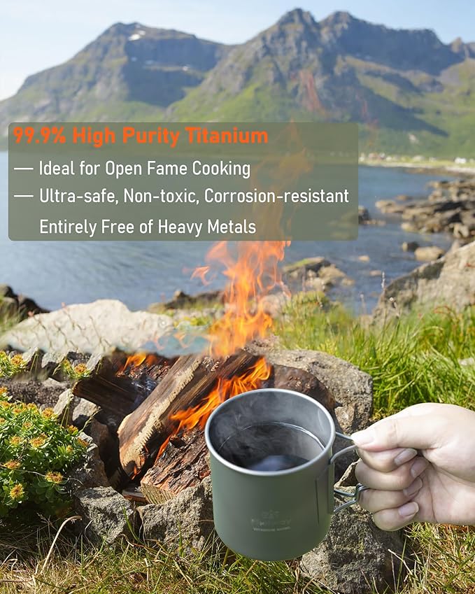 Camping Titanium Mugs Cups 450ml Camp Coffee Mug with Lid - Ultralight Backpacking Camp Cup for Hiking Backpacking Camping Open Fire