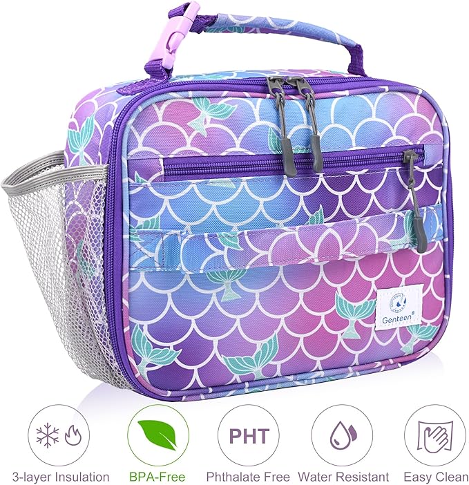 Genteen Lunch Box Kids, Prints Insulated Lunch Bag Kids Boys Girls,Soft Bag Mini Cooler Back to School Thermal Meal Tote Kit Lunch Box for School,Work,Outdoor (Mermaid)