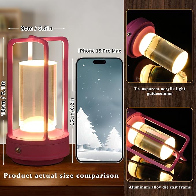 Portable Metal Table Lamp, Cordless Table Lamp, Rechargeable Battery Powered Portable LED Desk Lamp, 3 Color Stepless Dimming Touch, for Bedroom Restaurant Home Outdoor (Pink)
