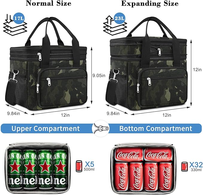 23L Extra Large Expandable Insulated Cooler Lunch Box for Men Double Deck Leakproof Heavy Duty Lunch Bag with 4 Ice Packs&2 Snack Bags for Adult/Construction/Women/Work/Picnic/Camping - Camouflage
