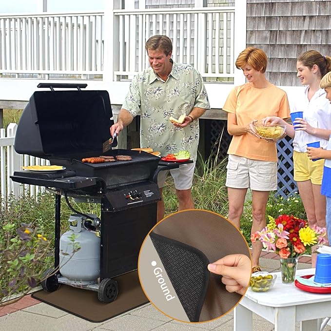 Anze Under Grill Mat for Outdoor Grill, 24x42 Inch Anti-Slip BBQ Floor Mats, Easy to Clean Reusable Fireproof Grill Pad, Oil-Proof Waterproof Protector for Indoor Fireplace Pit Mat Brown