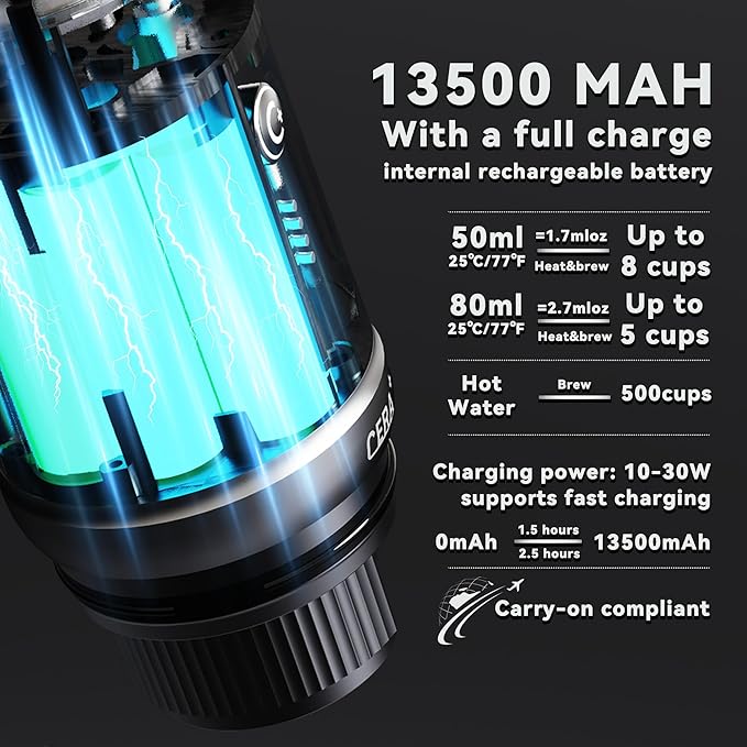CERA+ Self-Heating Portable Espresso Machine,Up to 8 Cups per Charge & 22 Bar, 13500mAh, CERApresso Works with NS Capsules & Grounds, Electric Coffee Maker for Camping,Hiking,Office & Car/Air Travel