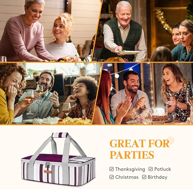 Insulated Casserole Carrier for Hot or Cold Food, Lasagna Lugger Tote for Potluck Parties/Picnic/Cookouts, Fits 9"×13" Baking Dish, Purple