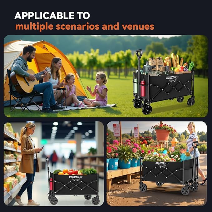 Collapsible Wagon with Wheels, 380LBS Heavy Duty Folding Utility Cart with Wheels for Shopping, Garden Work, Cargo Transport, Easy Storage and Maneuver