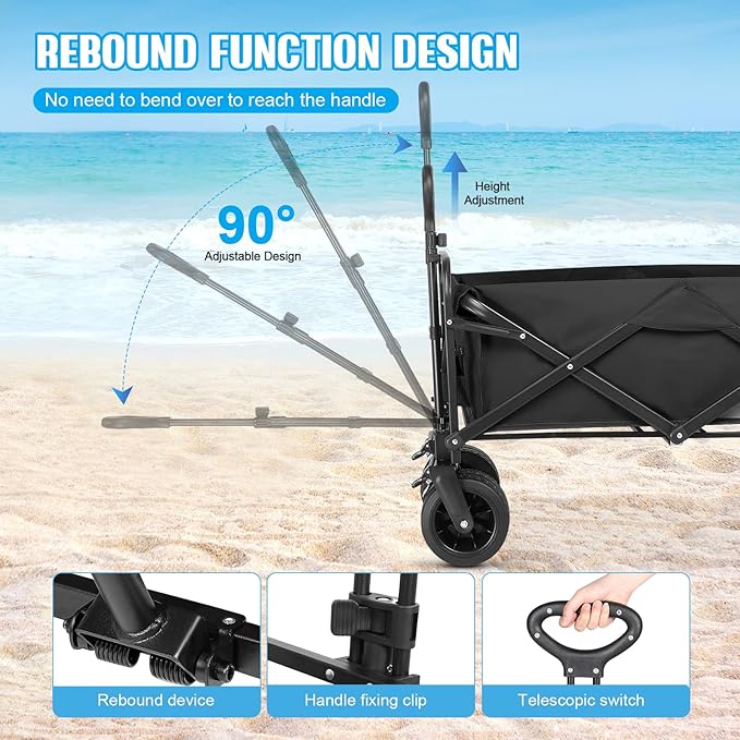 Beach Wagon,Collapsible Foldable Wagon Cart with Big Wheels,Utility Folding Grocery Lounge All Terrain Wagon with Side Pocket and Brakes for Sand Camping Sports Outdoor(Black).