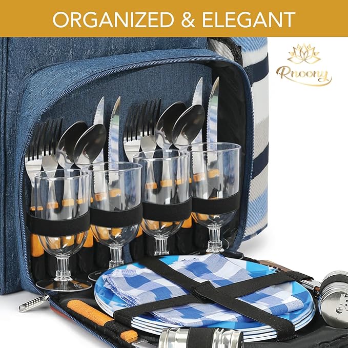 Rnoony Picnic Backpack for Camping, Picnic Basket for with Insulated Cooler Bag and Bottle Pouch,Camping Gifts for Couples with Lightweight Blanket and Cutlery Set for Family, Couple and Hiking