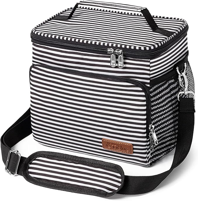 Tiblue Insulated Lunch Bag for Women/Men - Reusable Lunch Box for Office Work School Picnic,Leakproof Freezable Cooler Bag with Adjustable Shoulder Strap for Kid/Adult(Medium, Black & White Stripes)