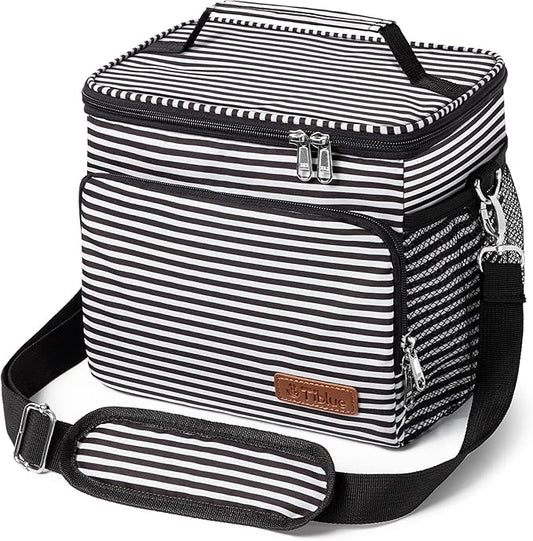 Tiblue Insulated Lunch Bag for Women/Men - Reusable Lunch Box for Office Work School Picnic,Leakproof Freezable Cooler Bag with Adjustable Shoulder Strap for Kid/Adult(Medium, Black & White Stripes)