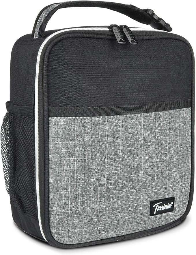 Tirrina Insulated Lunch Box for Men Women, Portable Thermal Small Lunch Bag for Office Work Picnic, Reusable Compact Lunchbox Cooler Tote for Adults,Black & Grey