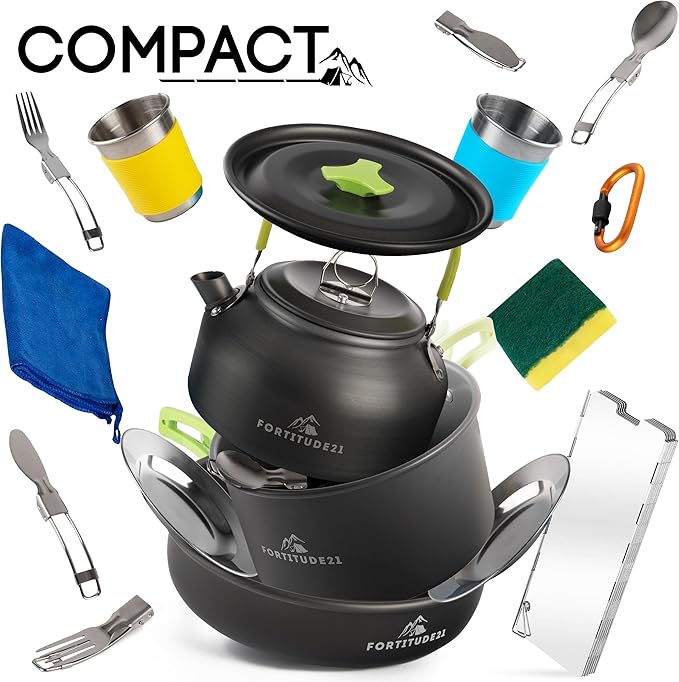 Camping Cookware Set - 19-Piece Lightweight Backpacking Cookware with Pots, Pans, Utensils - Compact Outdoor Cooking Kit for Camping, Hiking, Backpacking & Survival