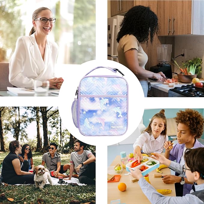 Tirrinia Insulated Lunch Box for Men Women, Portable Thermal Small Lunch Bag for Office Work Picnic, Reusable Compact Lunchbox Cooler Tote for Adults,Purple Dolphin