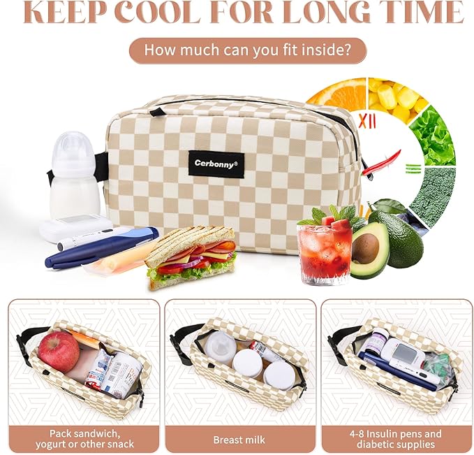 Small Cooler Bag Freezable Lunch Bag for Work School Travel,Small Lunch Bag,insulated snack bag For Adults/Kids,Mini Cooler,Lunch bag small Fit For Yogurt（Khaki Checkerboard)