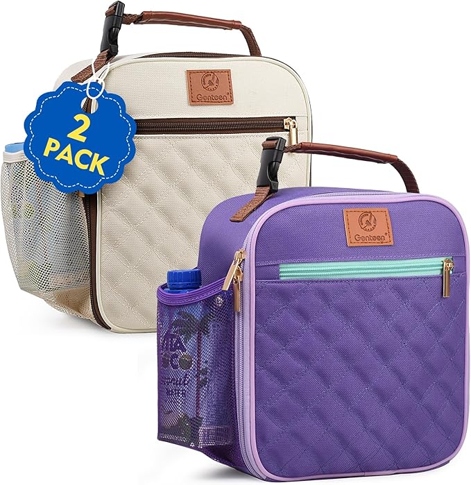 Lunch Bag for Women Men Girls Teens Insulated Leakproof LunchBox for Adult Reusable Lunch Box with Bottle Holder for Work Office School Travel Picnic-Purple/White