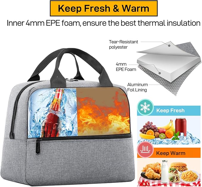 HOMESPON Insulated Lunch Bag for Women Men Lunch Box Cooler Lunch Tote for Work Picnic (Grey)