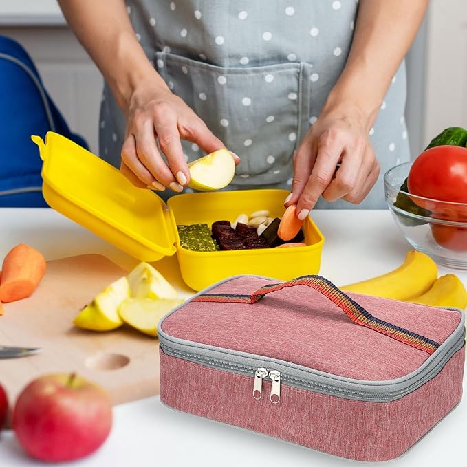 PATIKIL 9"x6"x3" Insulated Lunch Bags, Portable Food Containers Bag Flat Bento Bags Reusable Thermal Lunch Pail for Men and Women, Pink