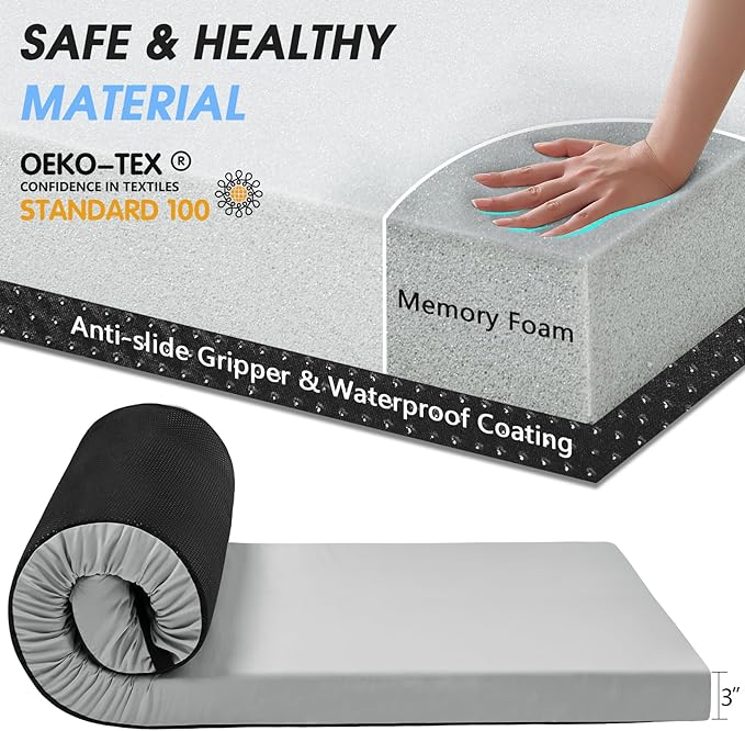 CYMULA Memory Foam Camping Mattress Pad,3inch Sleeping Pad for Camping,Non-Slip Bottom Floor Cot Car Mattress Bed with Retaining Portable Roll up Mattress Pad Mat for Travel Truck Guest Bed Tent