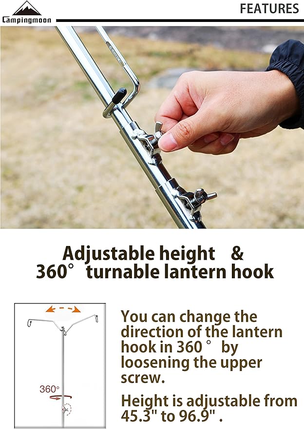 camping moon CAMPINGMOON Heavy Duty Stainless Steel Lantern Pile Driver Height Adjustable with Tripod Stand and Storage Bag D-240, D-243