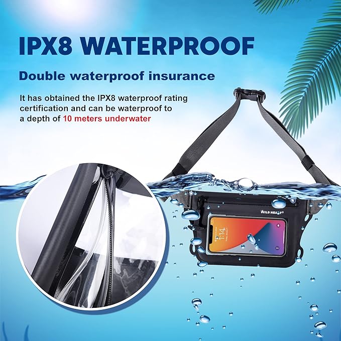 WILD HEART Waterproof Waist Bag IPX8 with Adjustable Waist belt Screen Touchable Dry Bag Double Inner Pocket for Swimming Diving Floating Rafting Boating