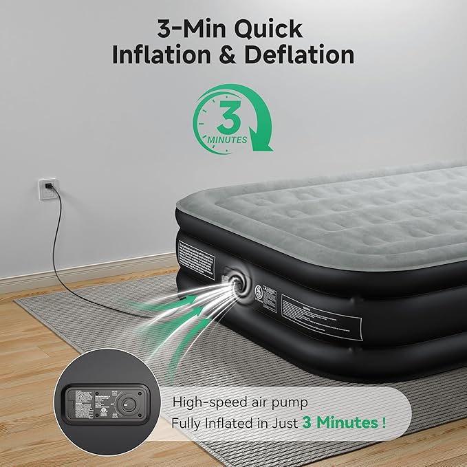 Air Mattress Queen with Built-in Pump 18", Comfortable Self-Inflating Air Mattress with High-Speed Pump, Durable Blow Up Mattress Queen with Storage Bag for Guests, Camping, Travel