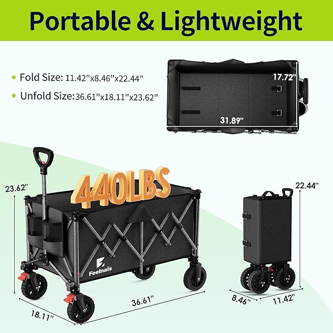 200L Collapsible Wagon Carts with Wheels, Feelnais Large Foldable Wagons for Grocery Shopping Beach Camping, Folding Garden Wagon Cart Heavy Duty