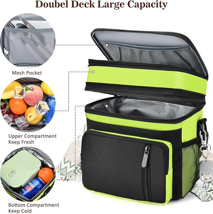 LOKASS Lunch Box for Women/Men-16L-Insulated Lunch Bag, Expandable Double-layer Leakproof Cooler Bag with Upgrade Adjustable Shoulder Strap Ideal for Work/Travel/Picnics（Neon Green）