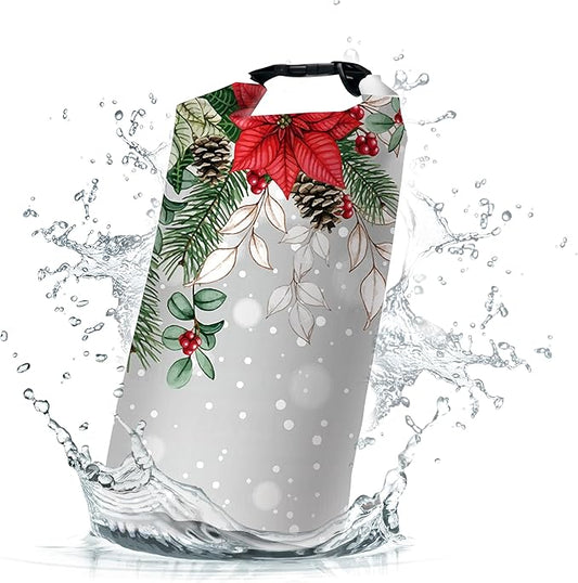 Waterproof Dry Bag,Roll Top Christmas Poinsettia Flower Pine Cones Waterproof Backpack 5L/10L/20L Floating and Lightweight Bags for Kayaking, Boating, Fishing, Swimming and Camping