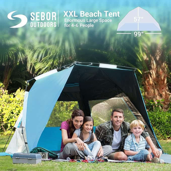 Beach Tent, Deluxe XL Pop-up Beach Tent for 4-6 Person, UPF 50+ with Dark Shelter Technology, Easy Set Up and Portable Beach Tent Sun Shelter